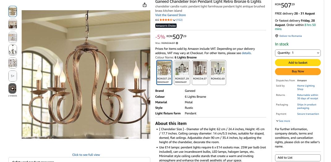 Candelabru, lustra rustica, Ganeed, retro, bronz periat