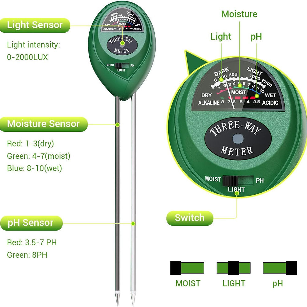 Contor de umiditate pentru plante, tester de pH 3 în 1 pentru umiditatea solului