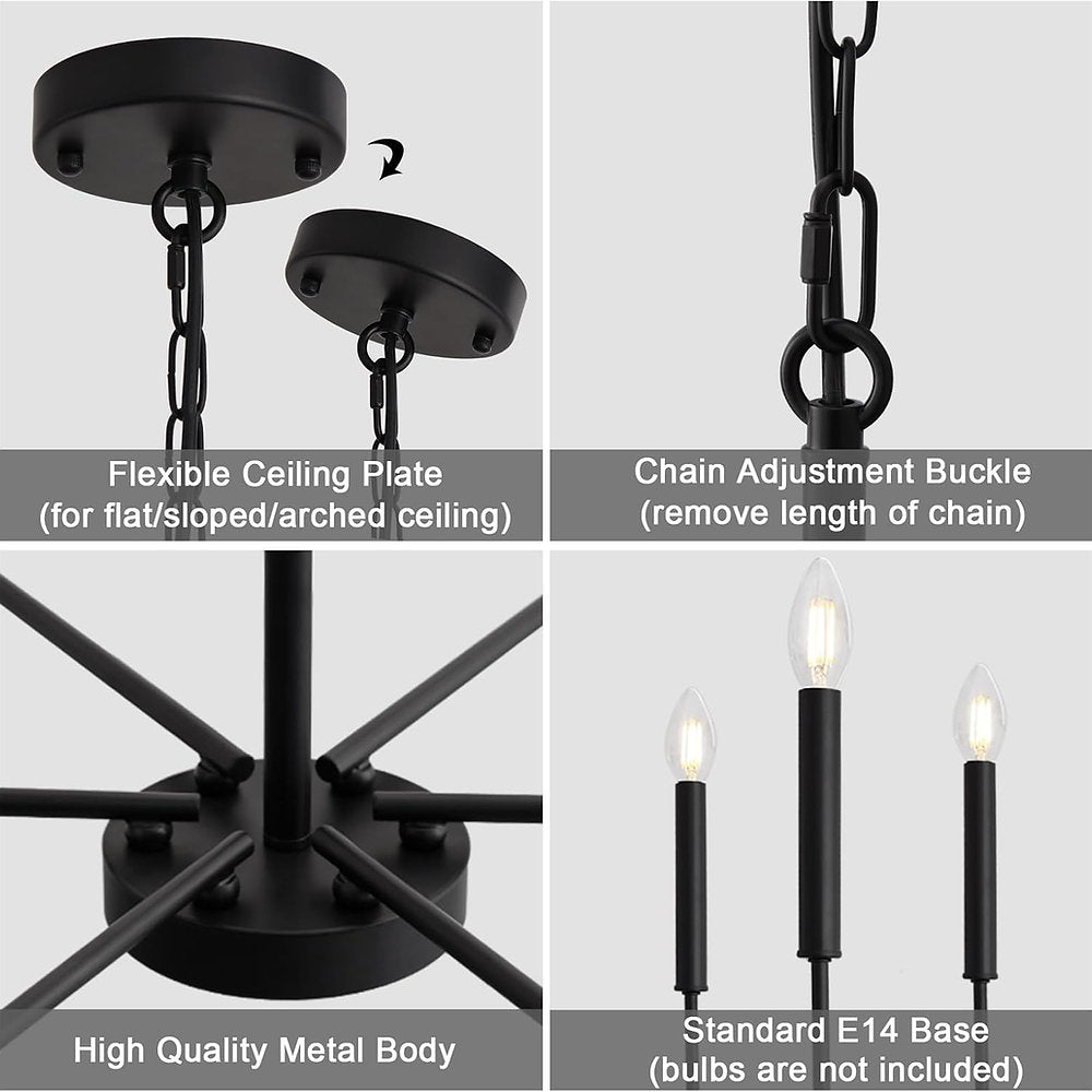Candelabru modern, Wtuoing, lustra 6 brate, E14, negru