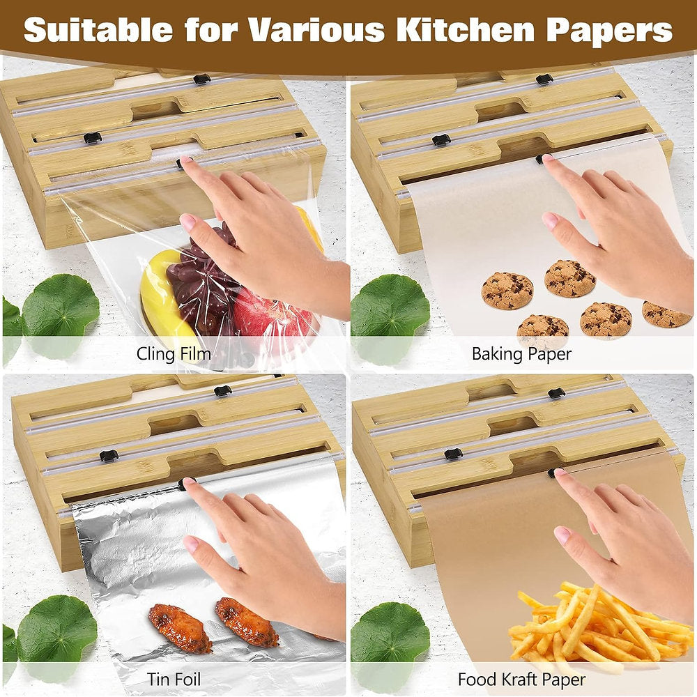 Dispenser, distribuitor de folie bucatarie, 3 in 1, lemn de bambus