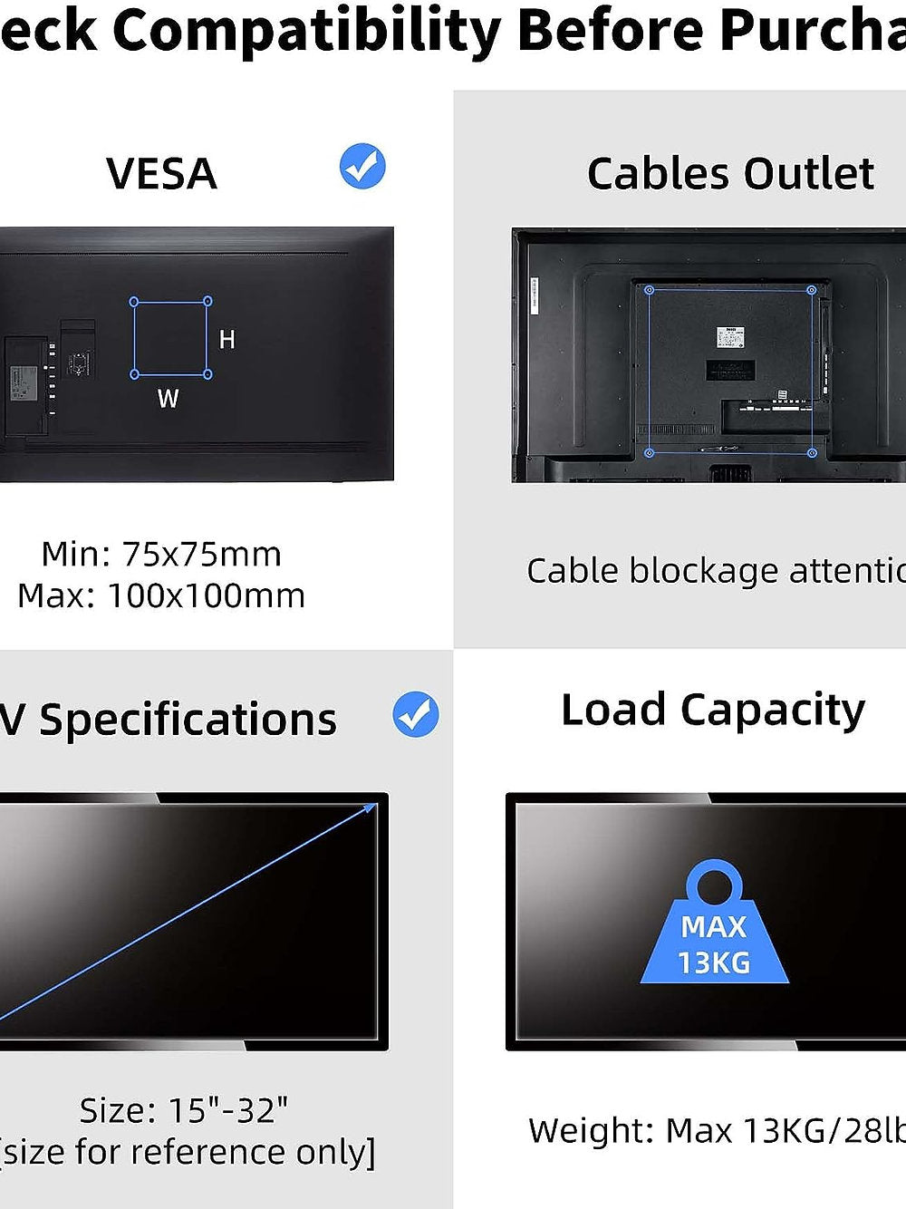 Suport monitor, tv, perete pivotant 15-32 inch, Suptek max 13 kg, Negru