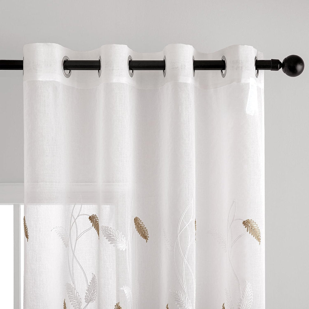 Perdele EMEMA, cu ochiuri transparentă, cu frunze alb si maro, 140 x 245 cm