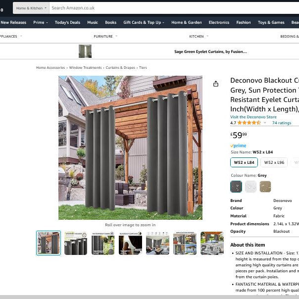 Draperii de exterior Deconovo rezistente la intemperii, 214 x 132 cm,gri