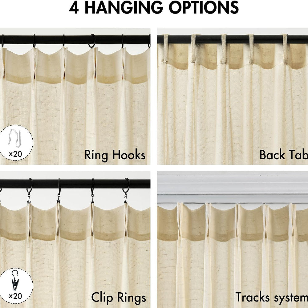 Perdele cu bandă voal, Miulee, 4 opțiuni de fixare, set 2 , 132 x 160cm, bej
