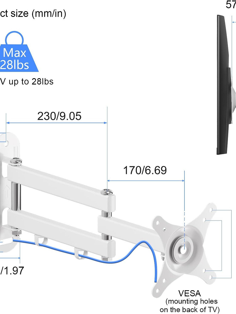 Suport monitor de perete pivotant 15-32 inch max 13 kg, Alb