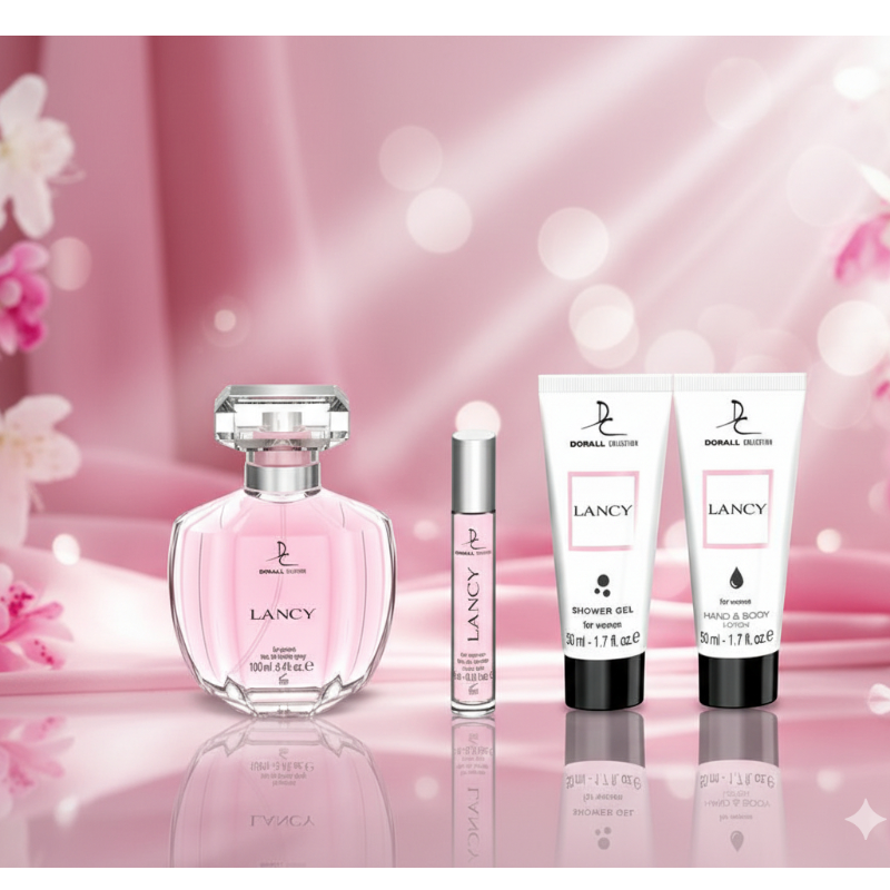 DORALL COLLECTION Lancy - Set cadou femei (parfumuri 100ml + 10ml, gel de duș 50ml, crema piele 50ml), 27x20x7cm