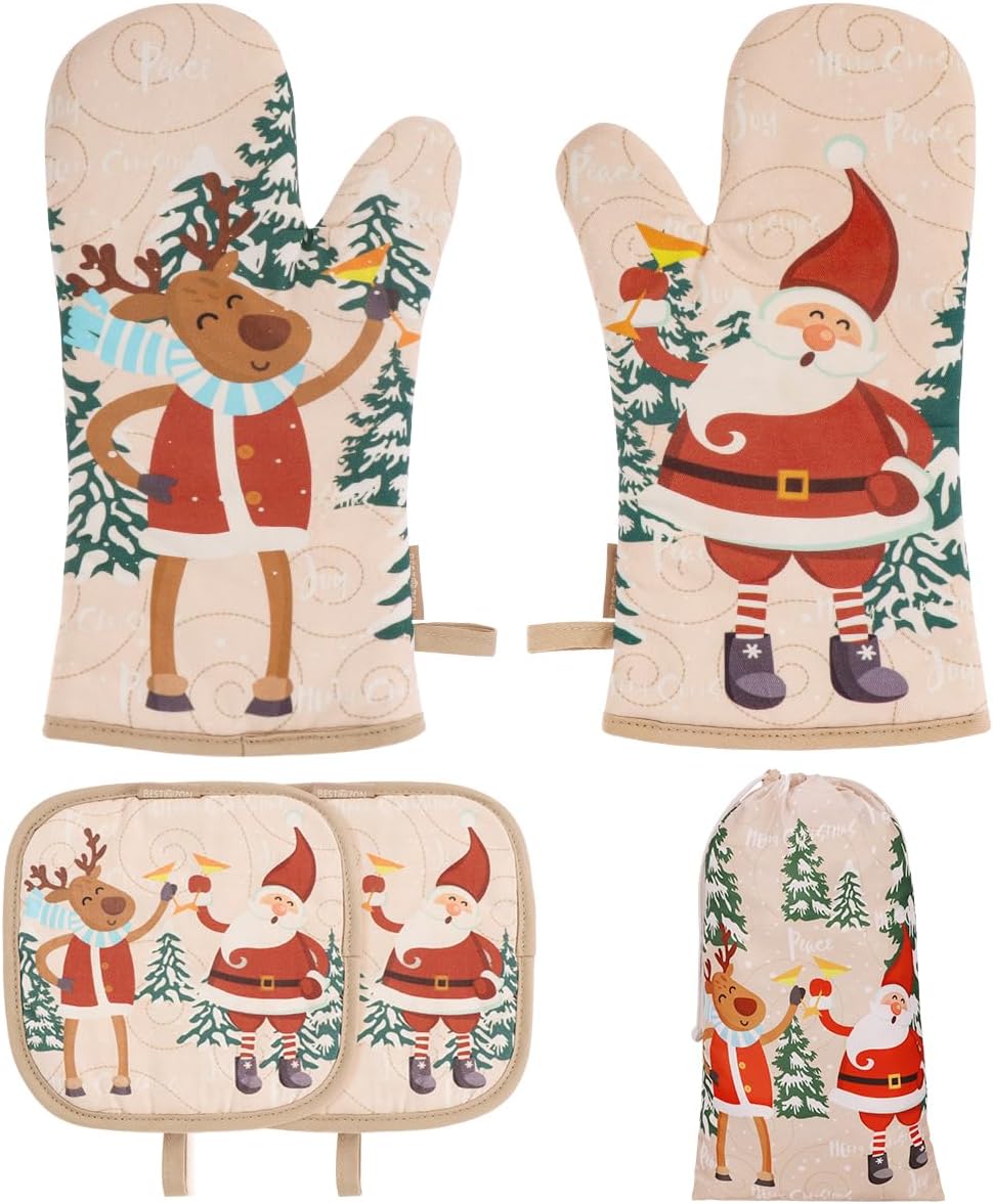 Set cadou 5 piese, BESTonZON, manusi cuptor gratar si suporturi oale, Craciun