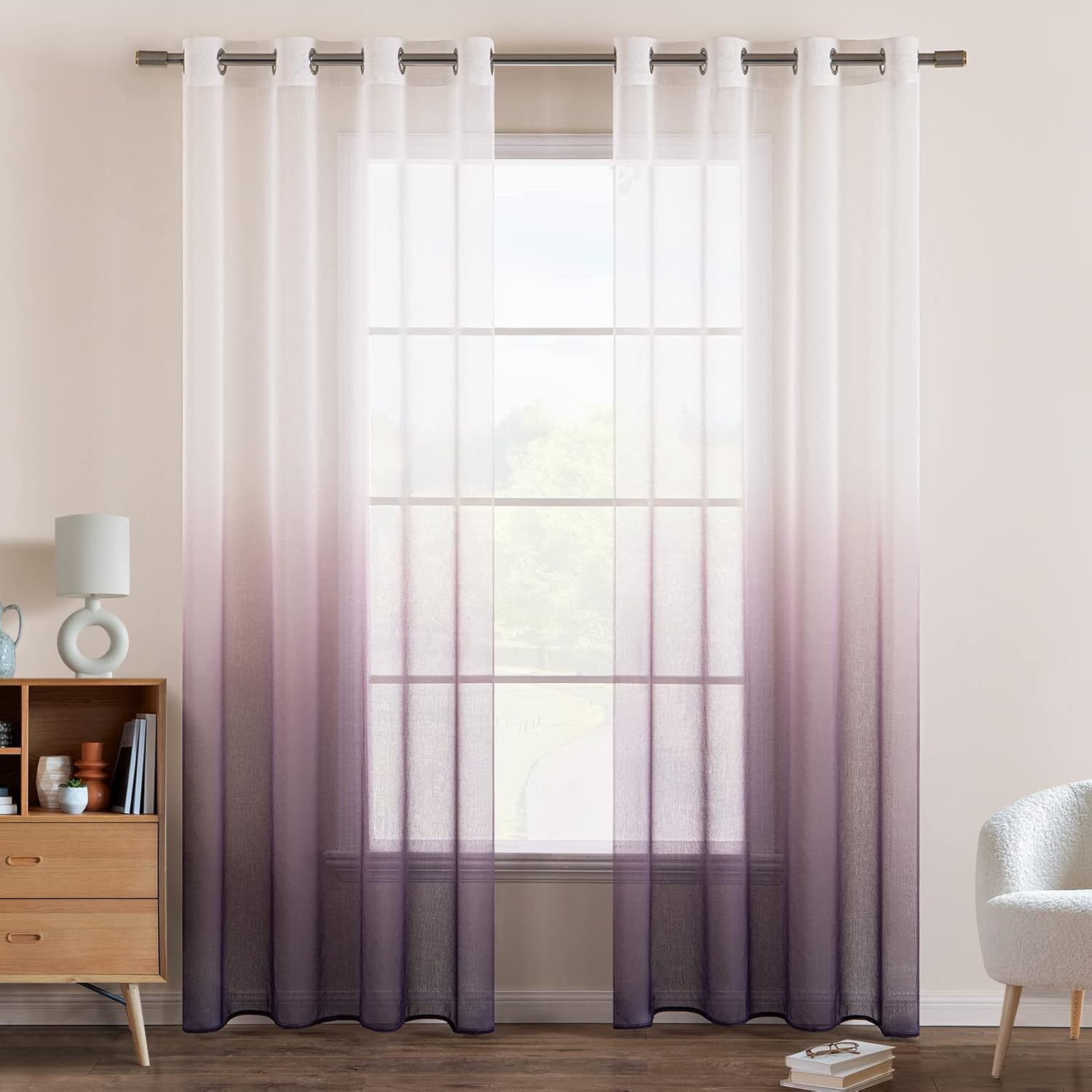 Perdele EMEMA cu inele, semi-transparente, modern, set de 2, 140x260 cm, gradual alb mov