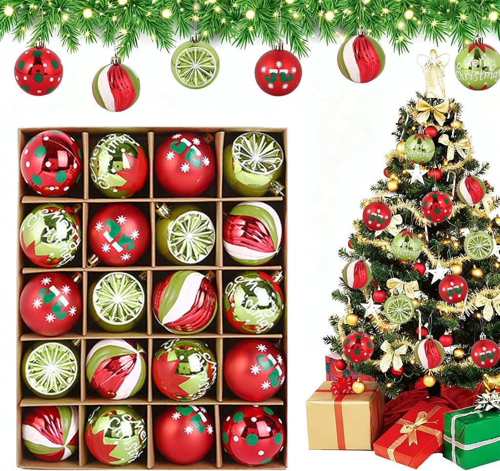 Set de 20 globuri brad, decoratiuni Craciun, Obundi retro, rosu si verde