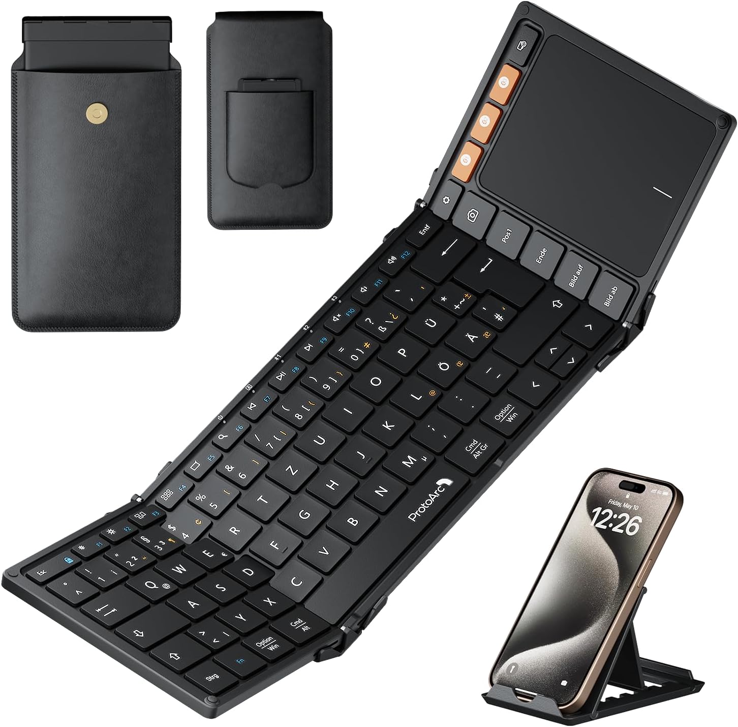 Set tastatura pliabila wireless touchpad QWERTZ si suport telefon cu geanta pentru transport