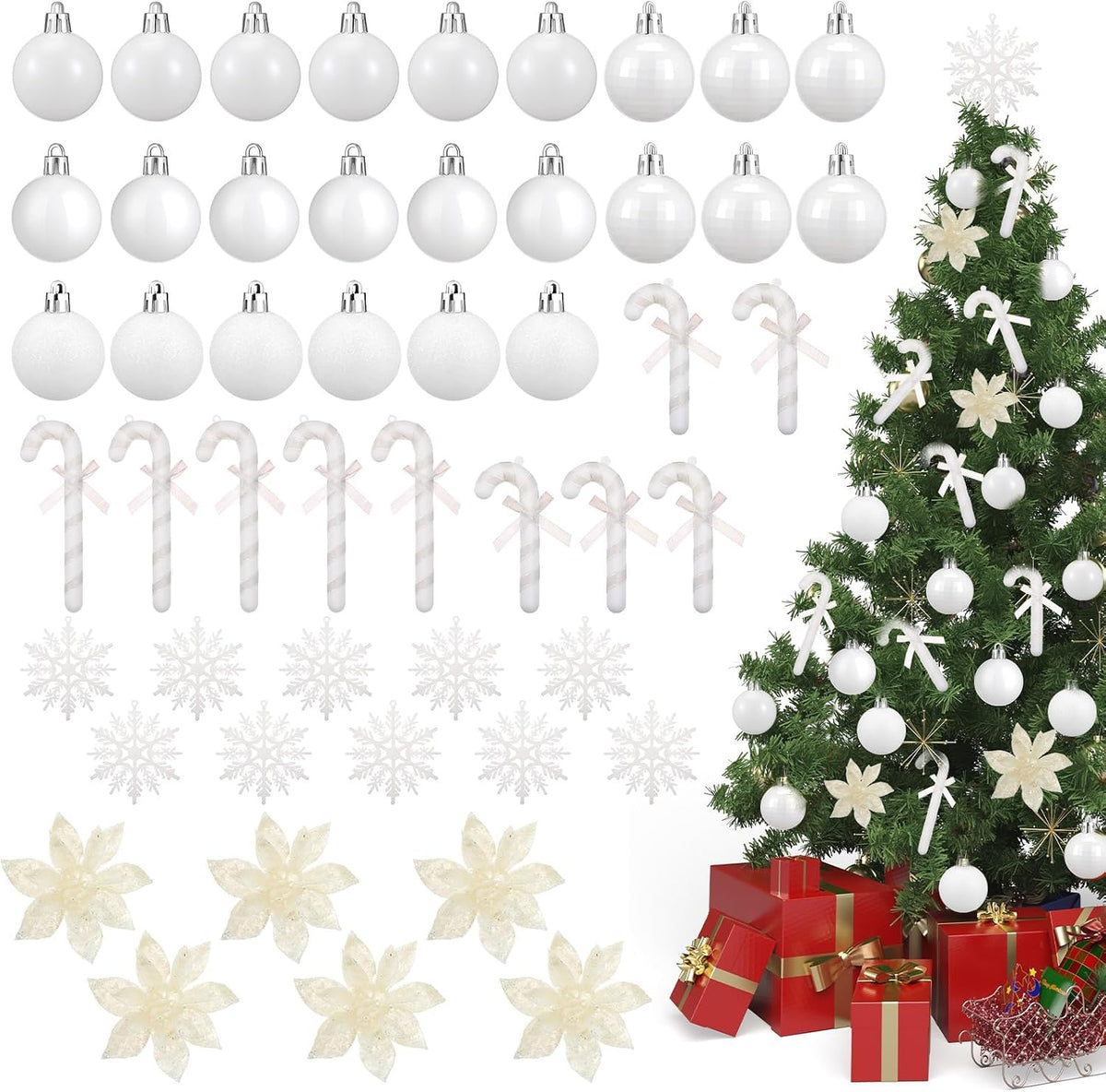 Ornamente, decoratiuni brad Craciun, diferite modele, 50buc, alb