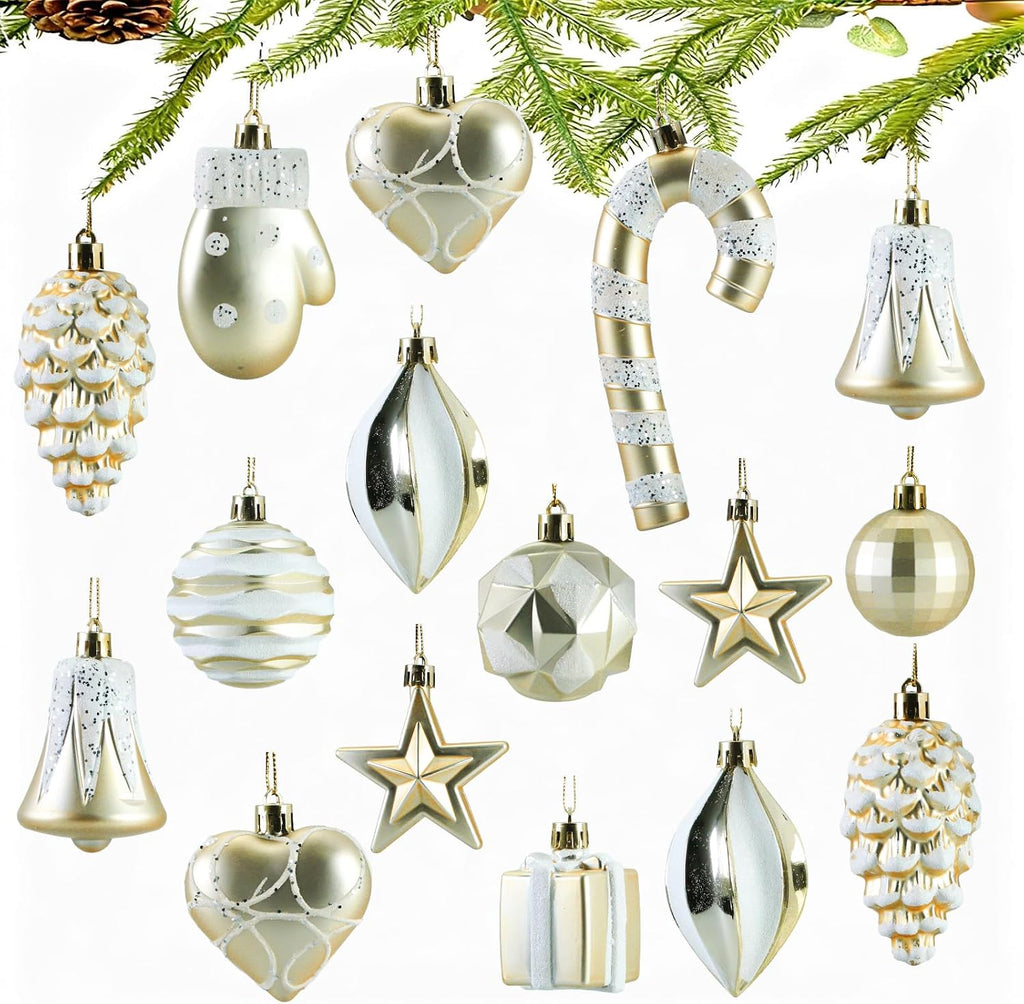 Ornamente Brad, globuri decoratiuni Craciun, 16 buc, sampanie