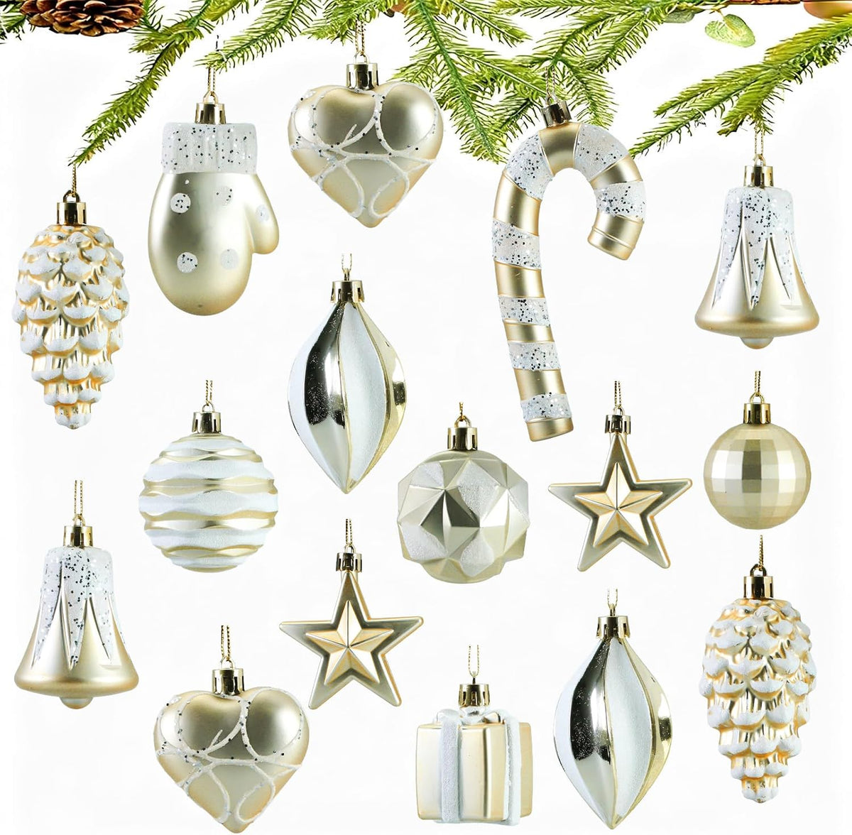 Ornamente Brad, globuri decoratiuni Craciun, 16 buc, sampanie