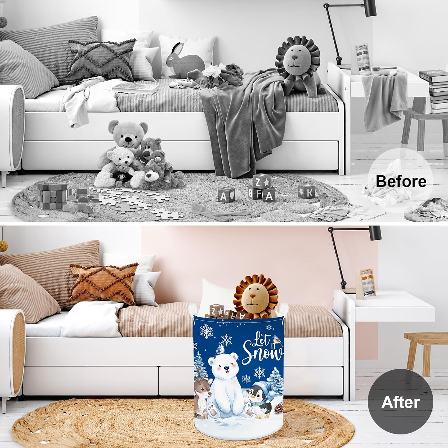 Cos pliabil, Clastyle, rufe, jucarii, motiv iarna, 45L, 36x45cm