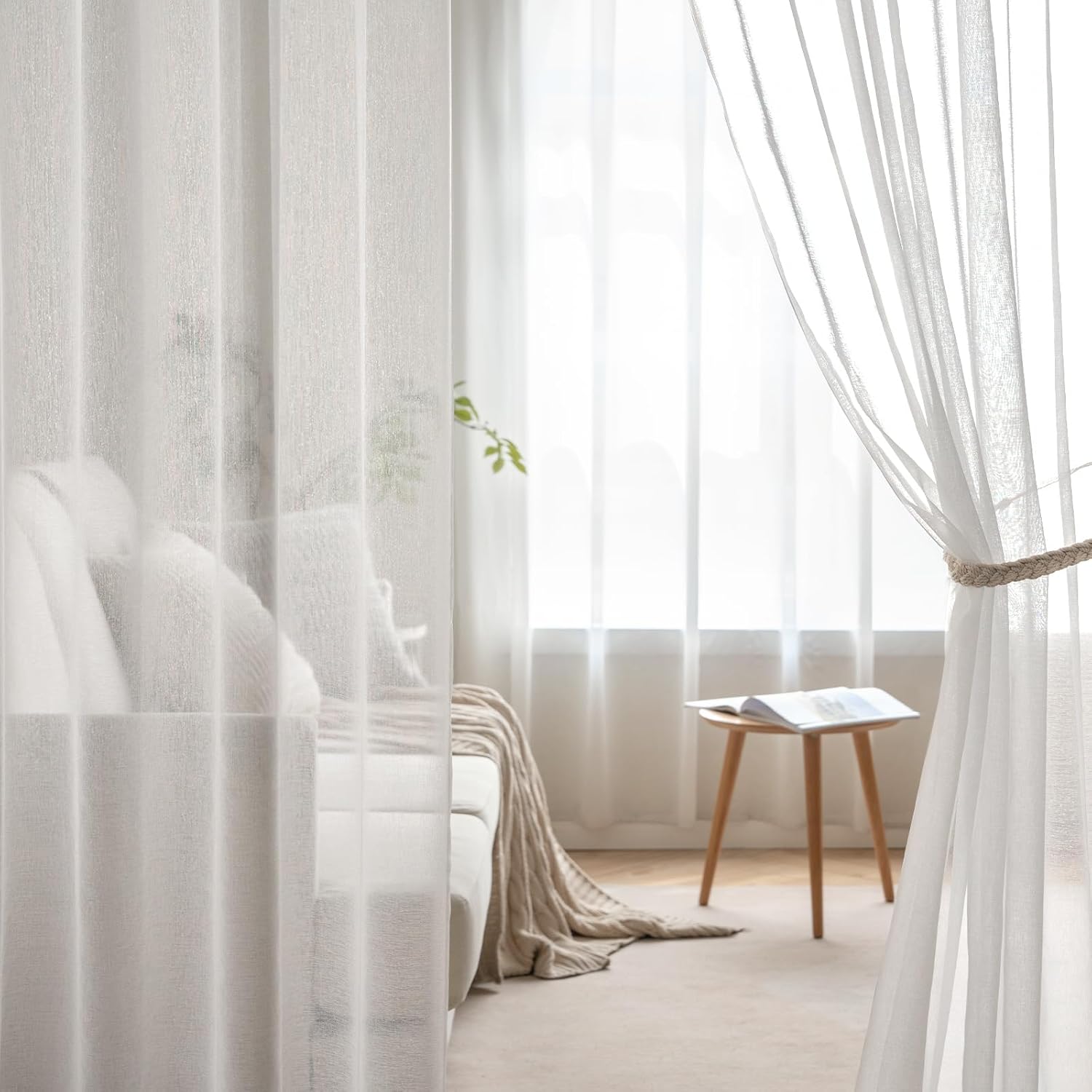 Perdele MIULEE cu bandă cu volane, set de 4 perdele voal transparent, alb, 140 x 175cm