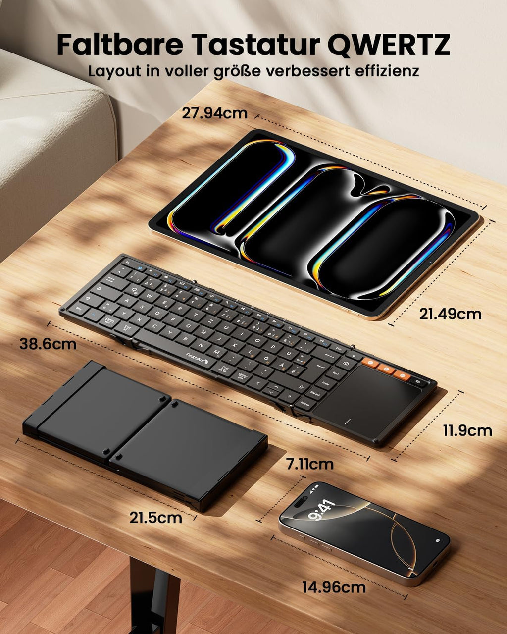 Set tastatura pliabila wireless touchpad QWERTZ si suport telefon cu geanta pentru transport