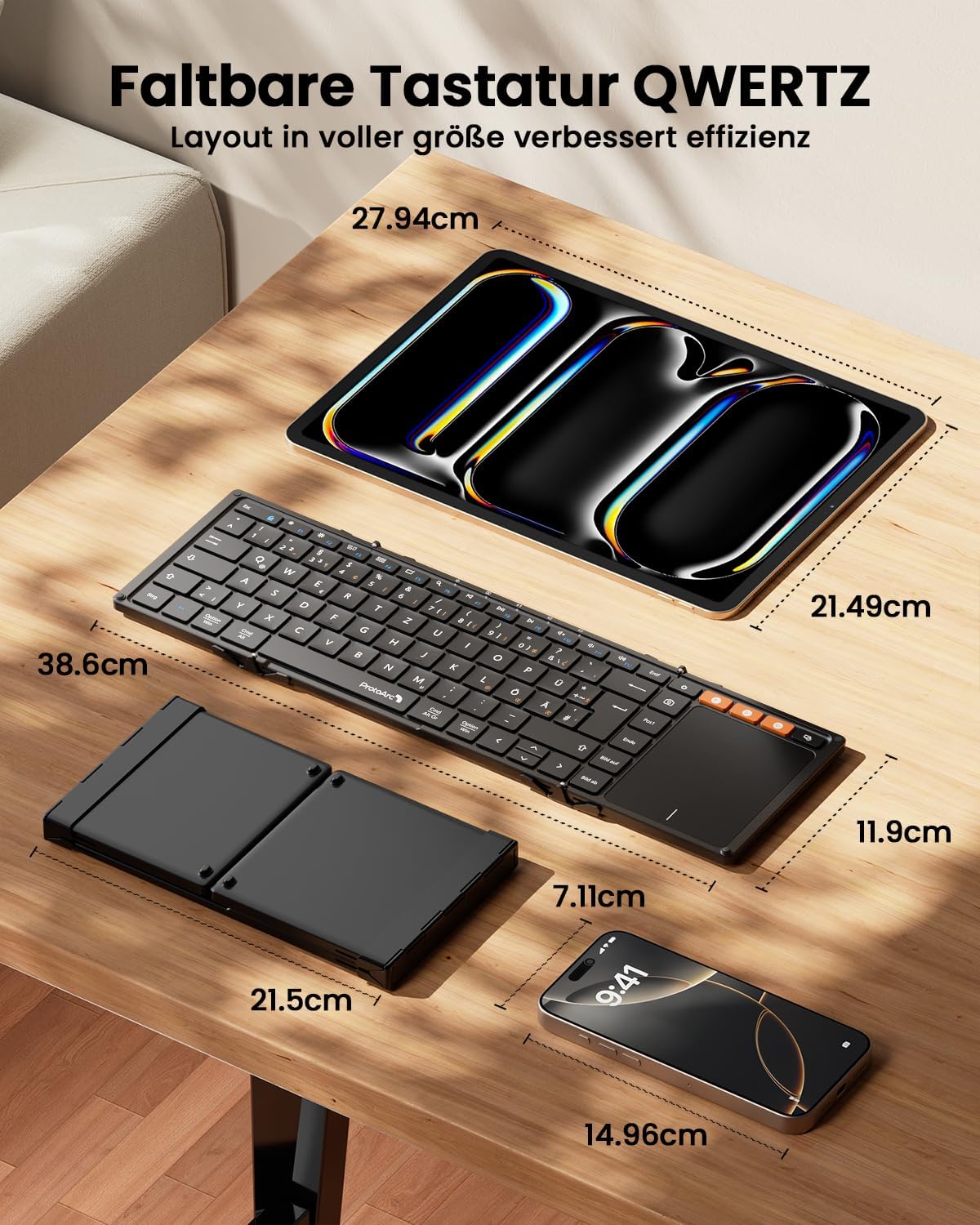 Set tastatura pliabila wireless touchpad QWERTZ si suport telefon cu geanta pentru transport