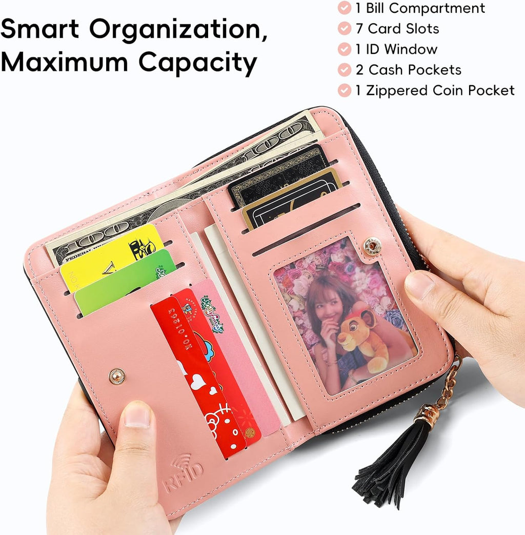 Portofel dama Pomelo Best cu fermoar, protectie RFID, albastru-bej