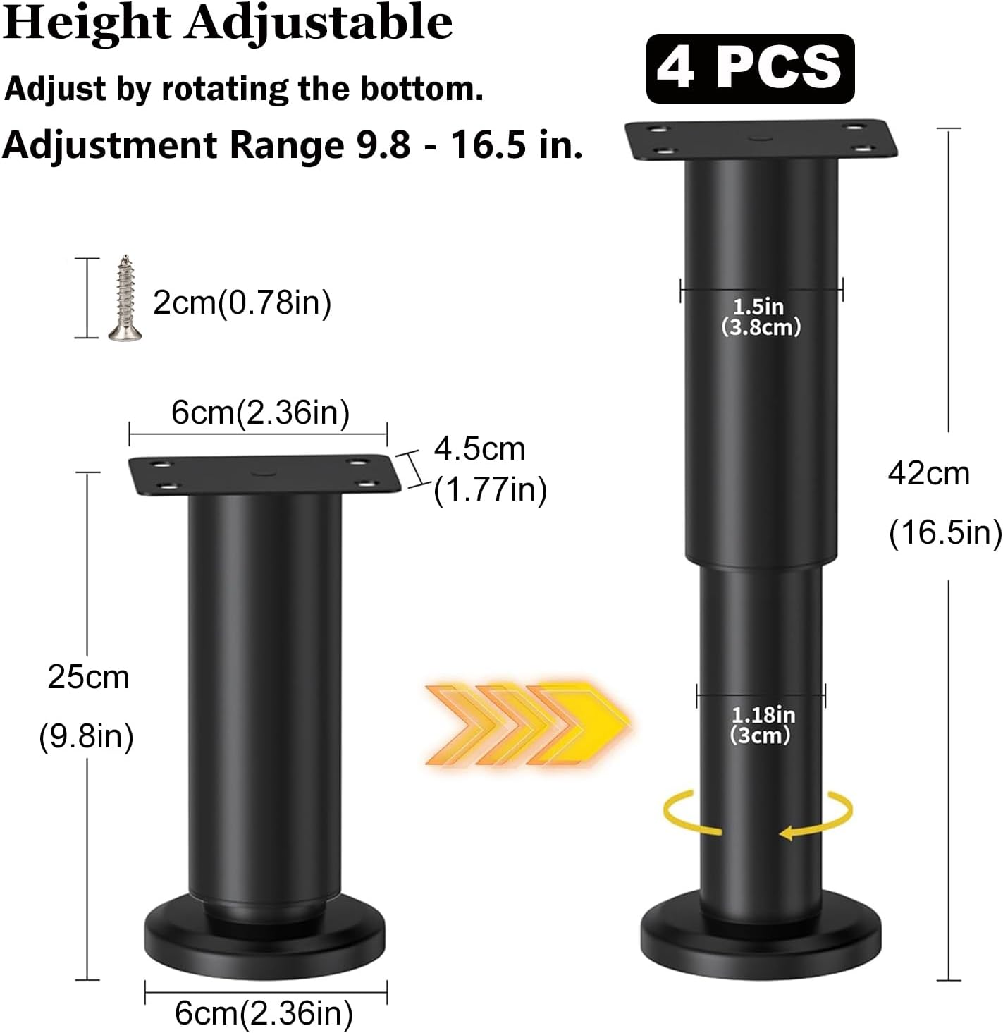 Set de 4 picioare mobilier, 25-42cm., negru(