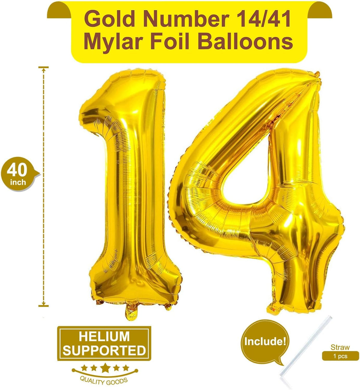 Balon Cifra 14 Auriu, 100 cm – Balon Mare din Folie pentru Aniversări, Petreceri și Decor