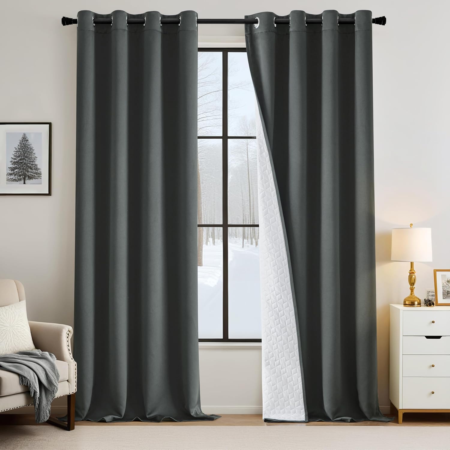 Draperie opaca Emema, blackout, dublu strat, termala, 132x260cm, gri inchis