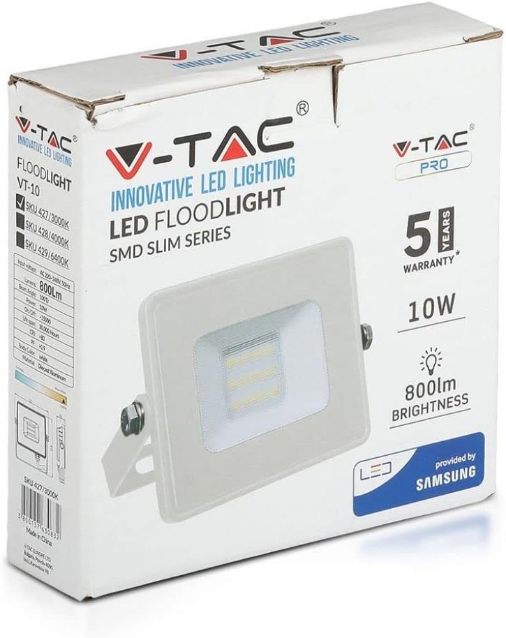 Proiector de exterior impermeabil V-TAC RRO LED Carcasă albă IP65, 10W, 8000lm