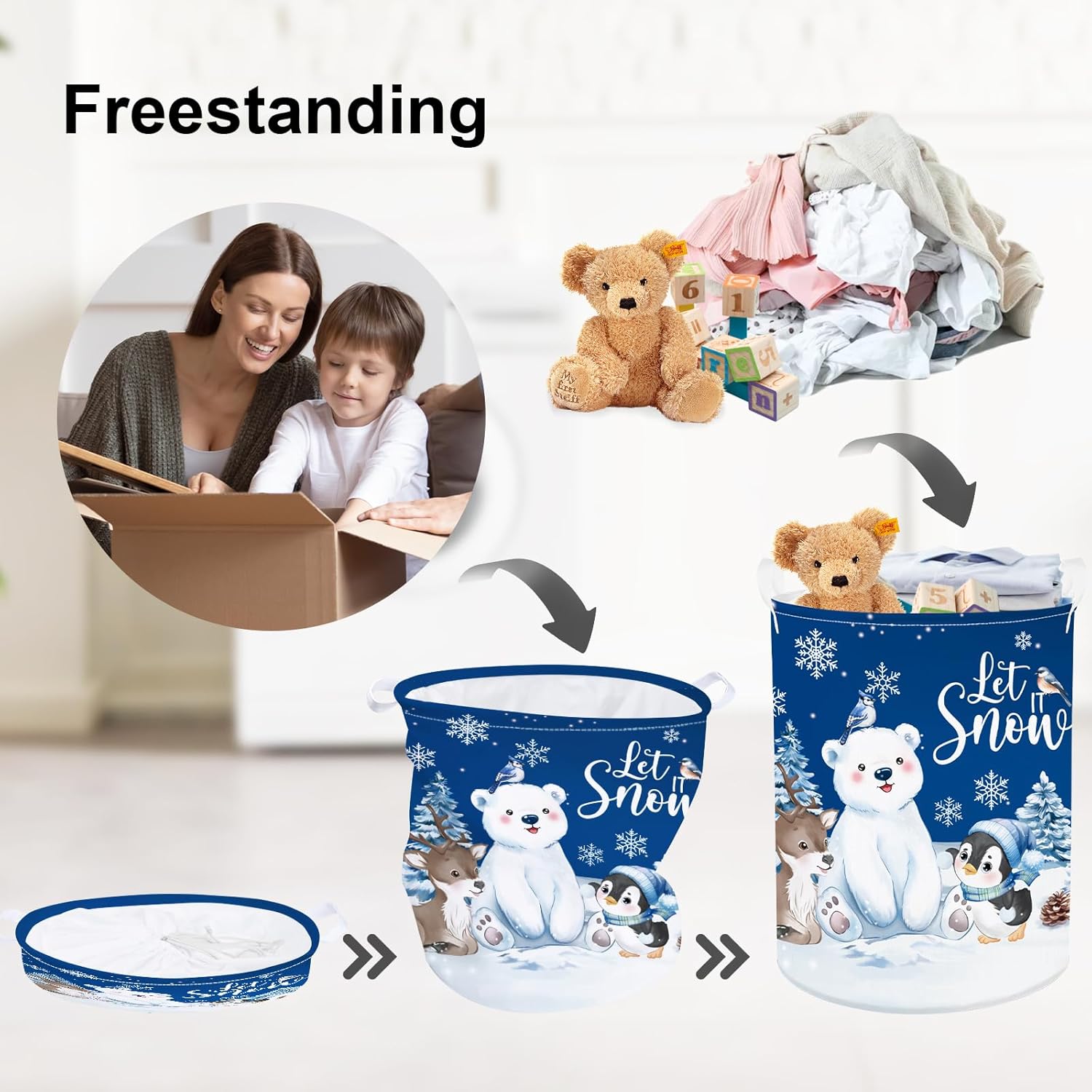 Cos pliabil, Clastyle, rufe, jucarii, motiv iarna, 45L, 36x45cm