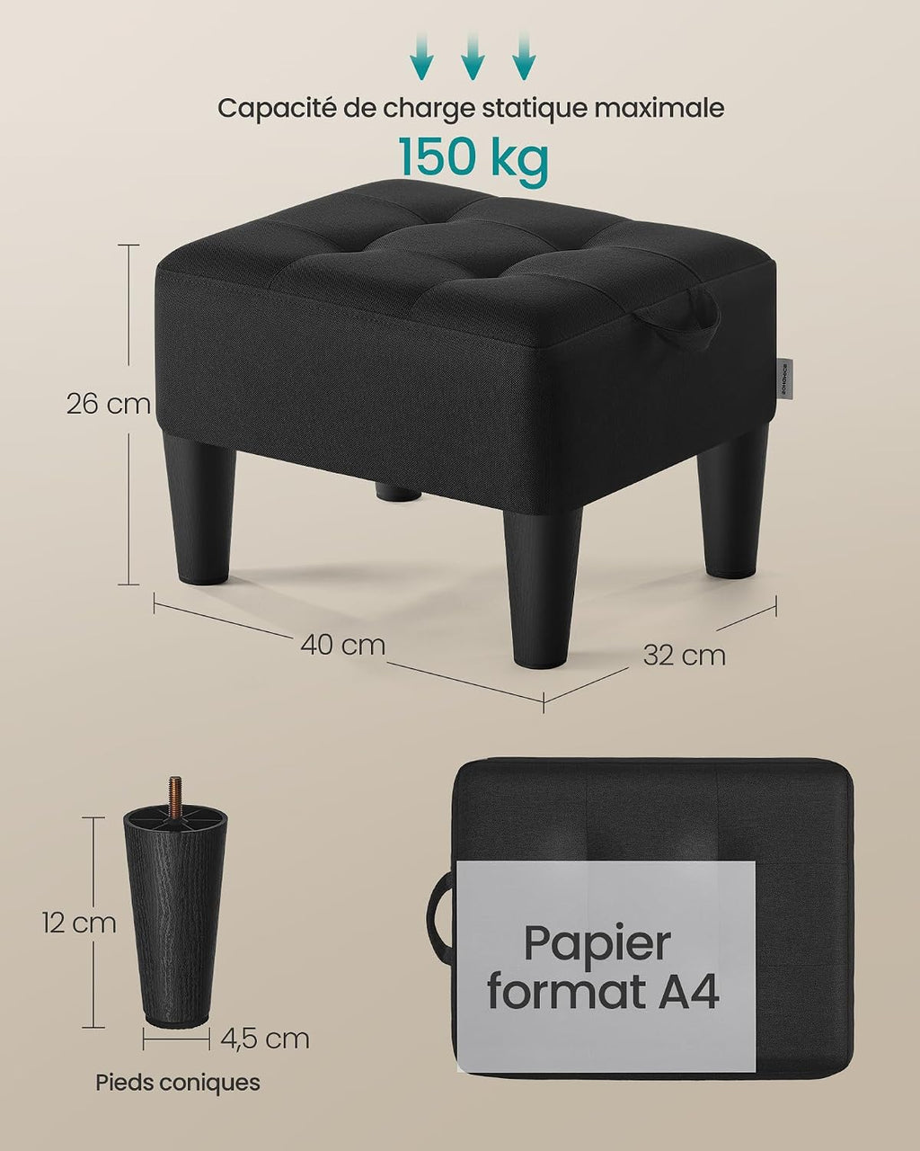 Taburet cu tapiterie groasa, aspect de in, 40x32x26cm, negru