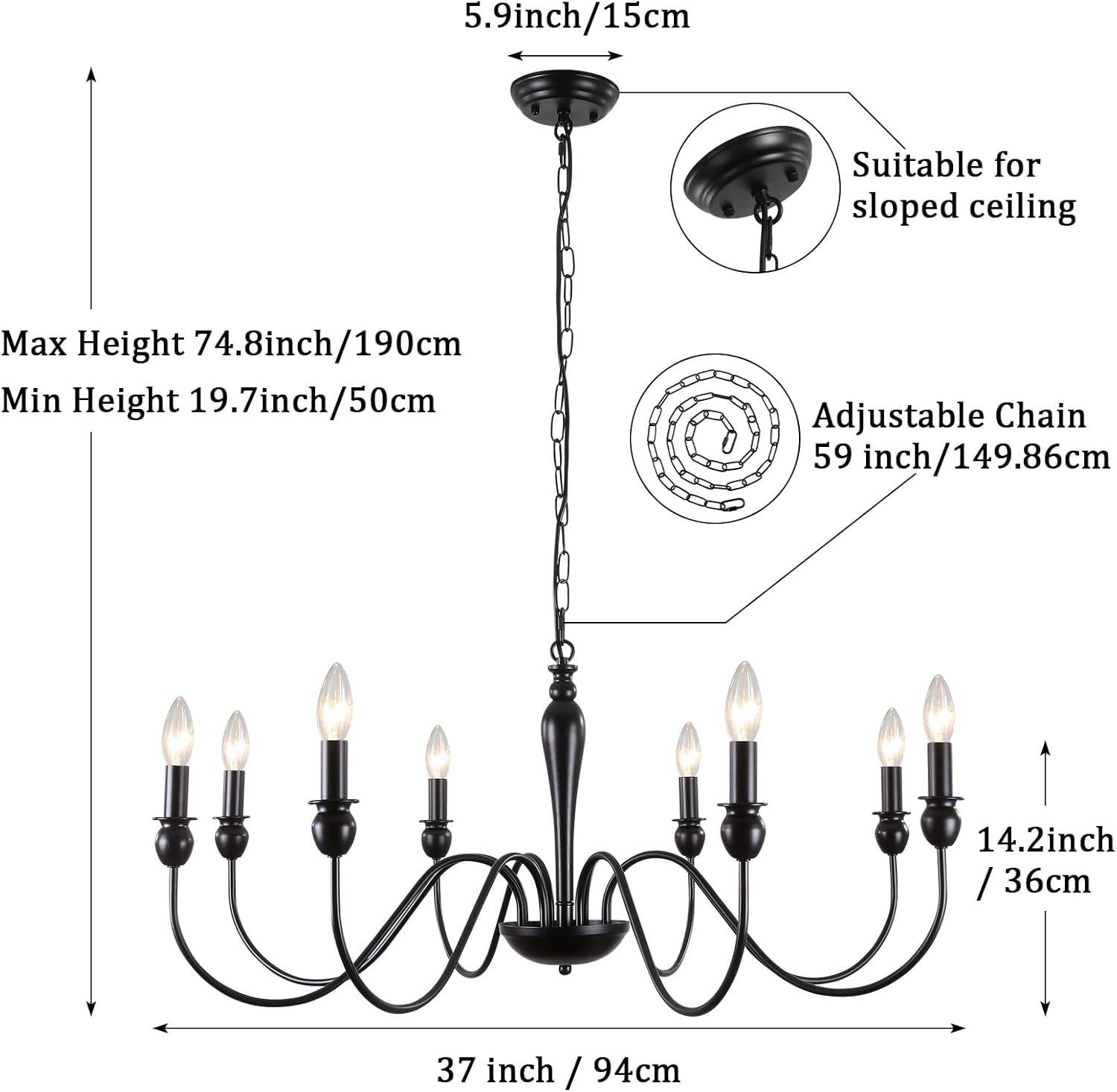 Candelabru, lustra vintage, Ashuaqi, 8 brate, E14, negru