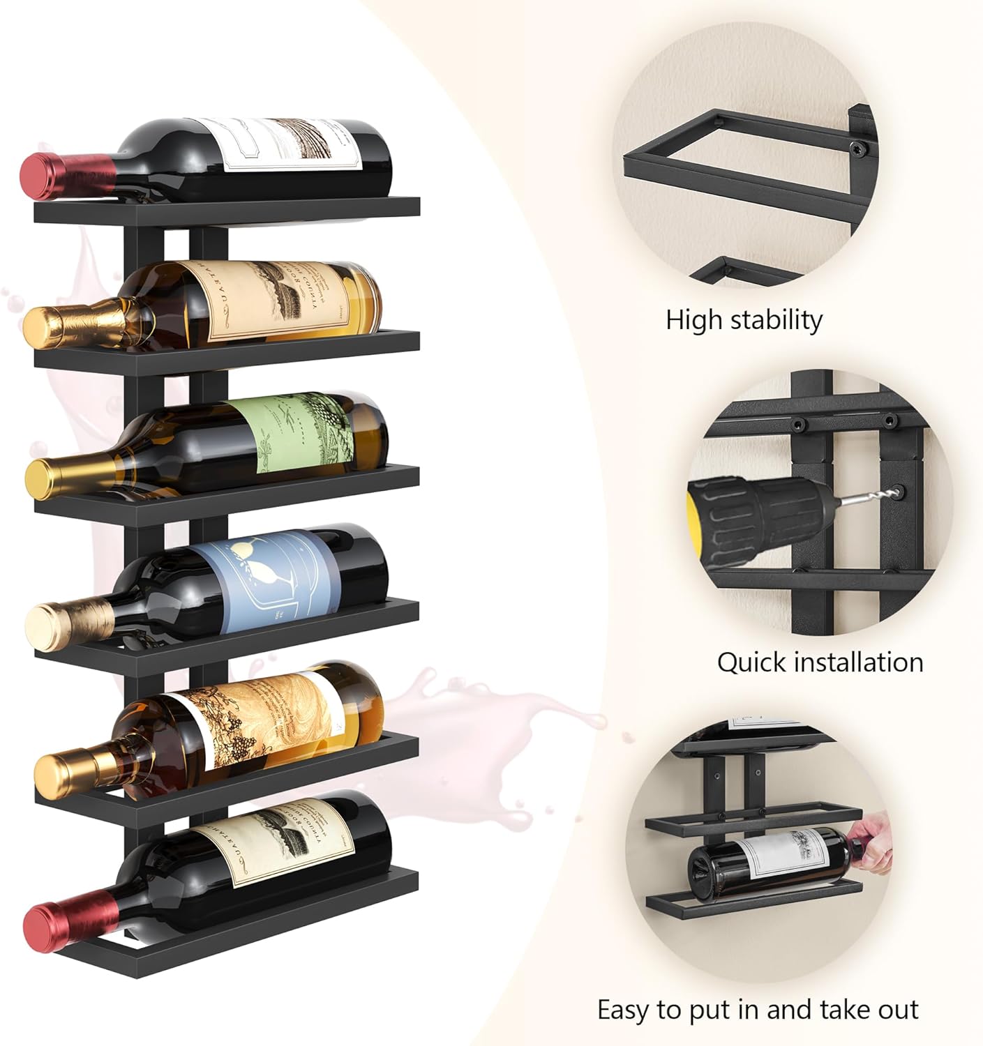 Suport sticle vin pe perete, 6 sticle, 27x9x53cm