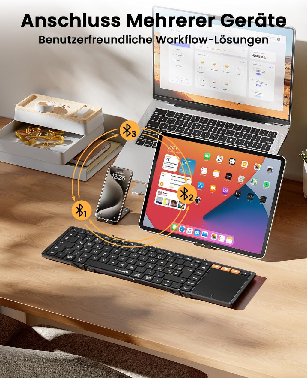 Set tastatura pliabila wireless touchpad QWERTZ si suport telefon cu geanta pentru transport