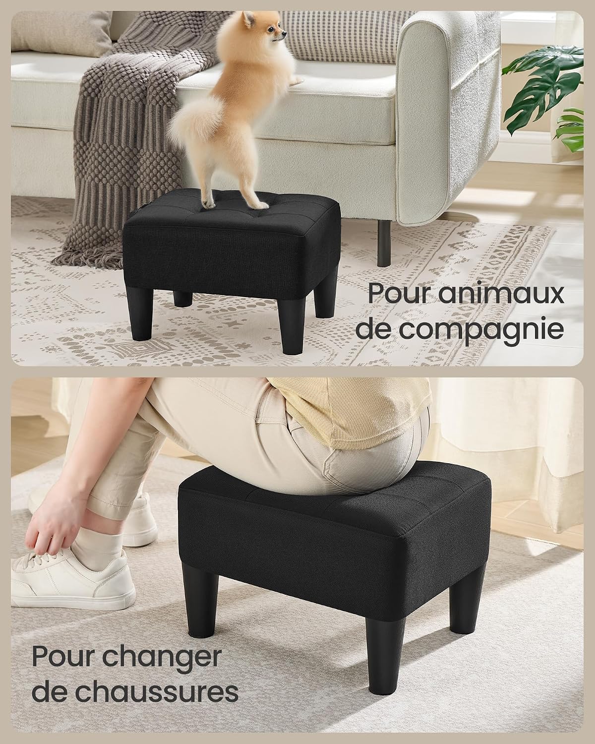 Taburet cu tapiterie groasa, aspect de in, 40x32x26cm, negru