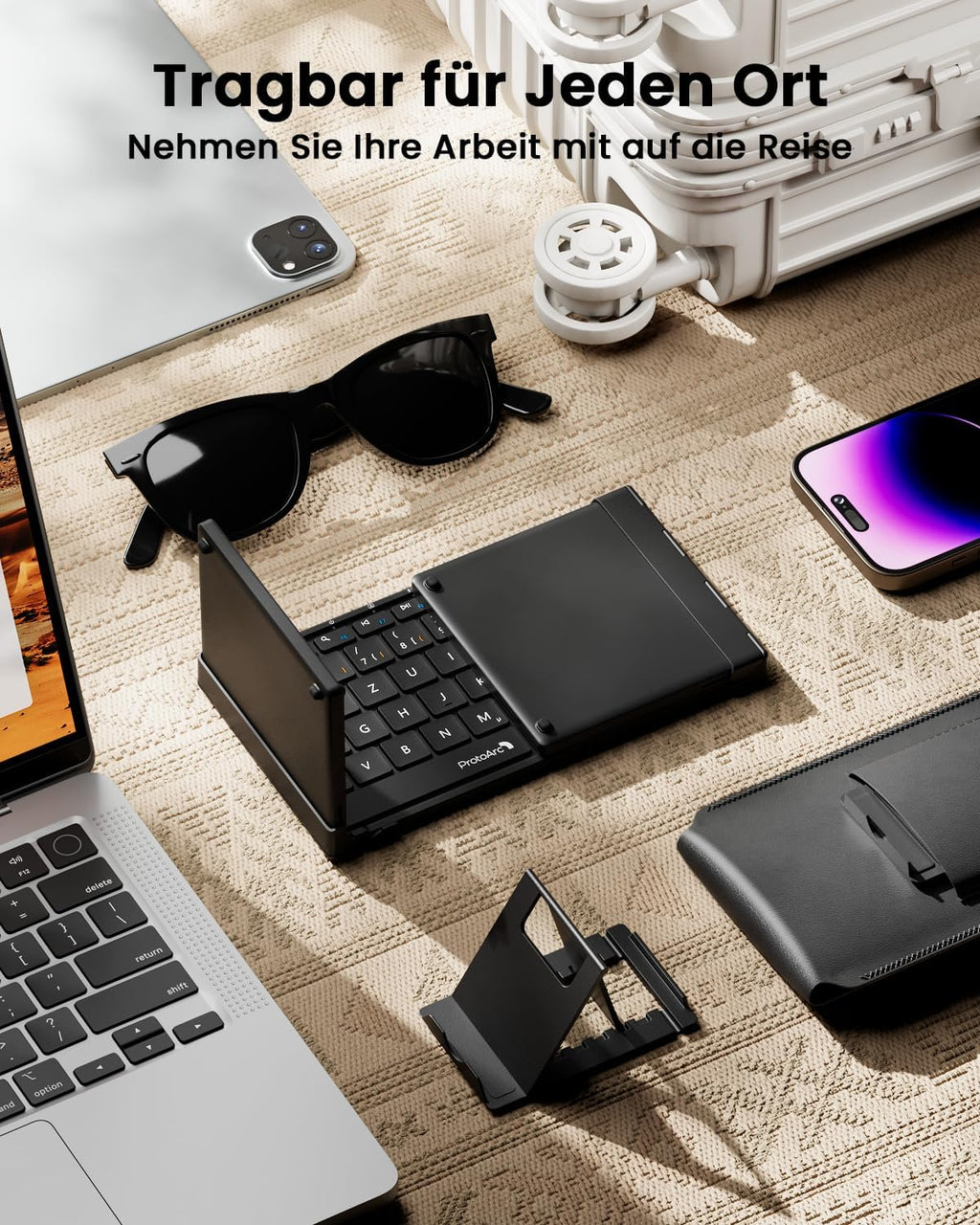 Set tastatura pliabila wireless touchpad QWERTZ si suport telefon cu geanta pentru transport