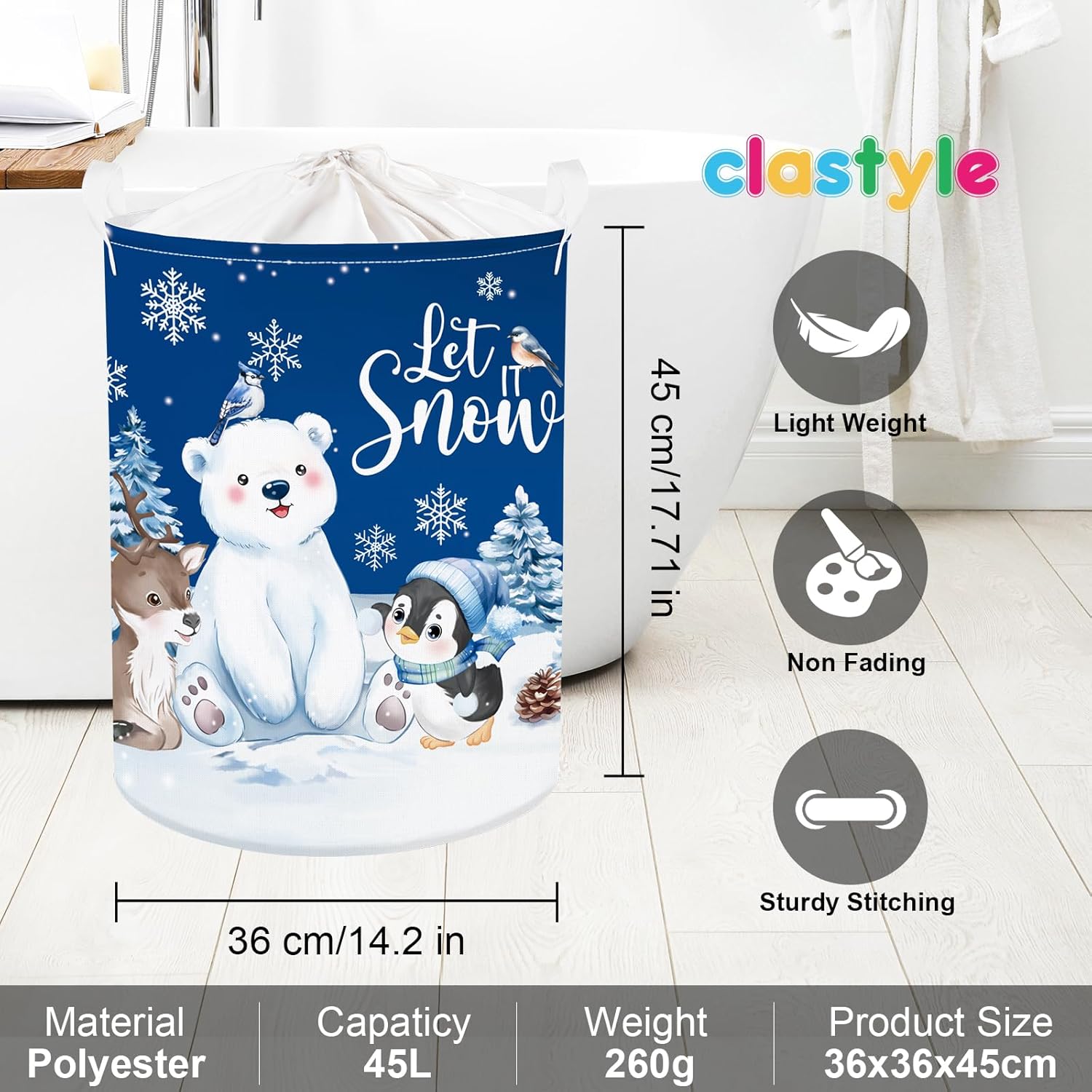 Cos pliabil, Clastyle, rufe, jucarii, motiv iarna, 45L, 36x45cm