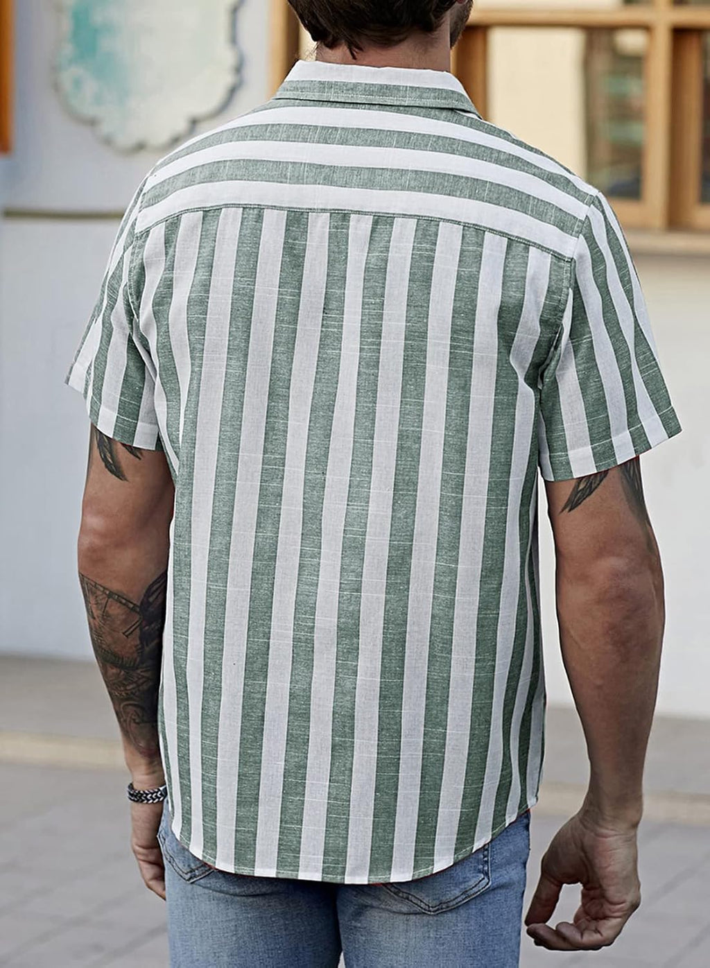 Camasa cu maneca scurta de vara, reular, dungi alb si verde-gri