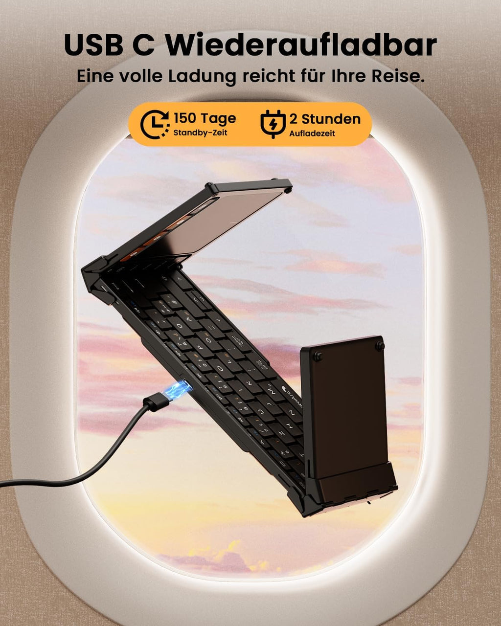 Set tastatura pliabila wireless touchpad QWERTZ si suport telefon cu geanta pentru transport