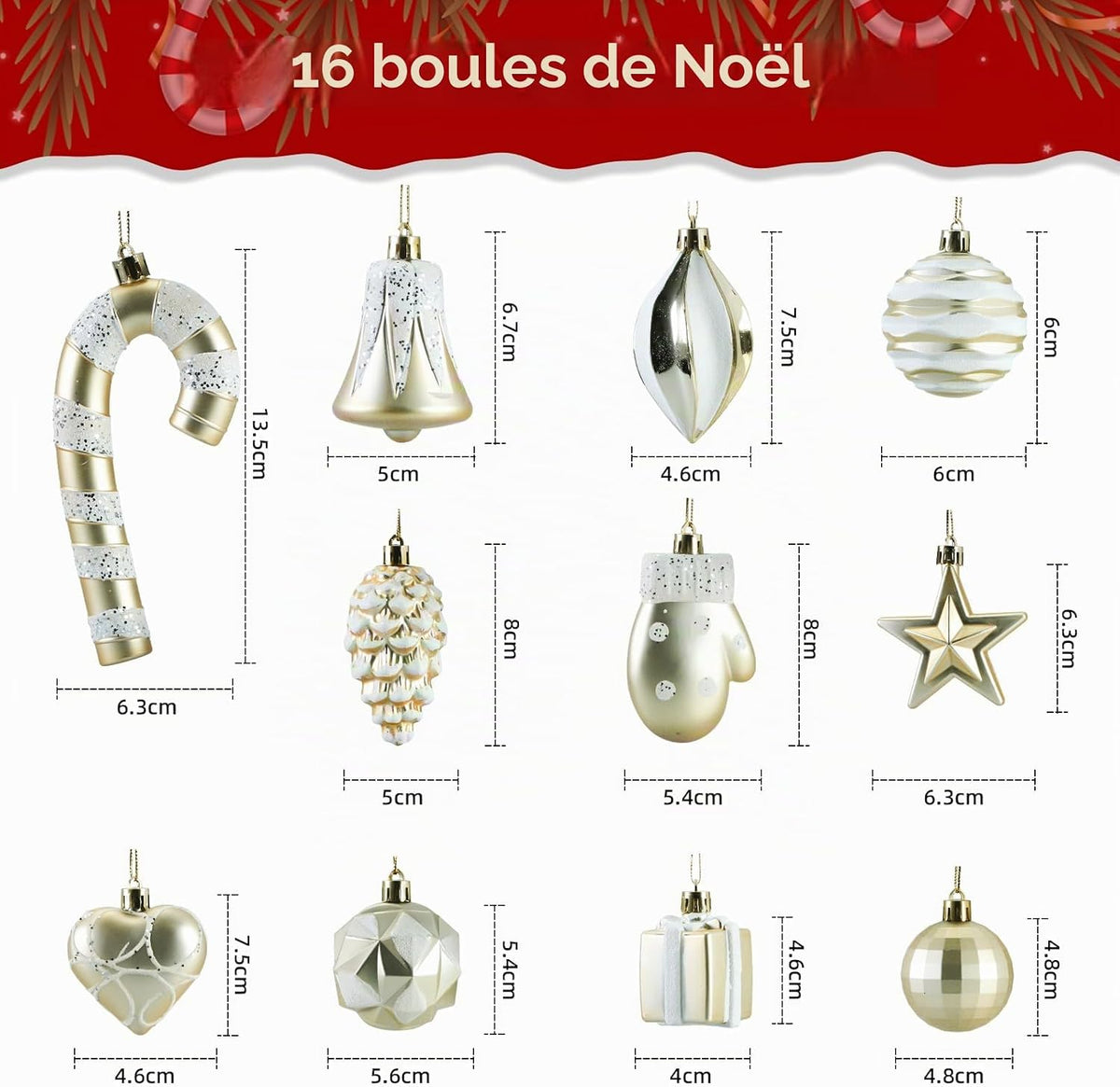 Ornamente Brad, globuri decoratiuni Craciun, 16 buc, sampanie