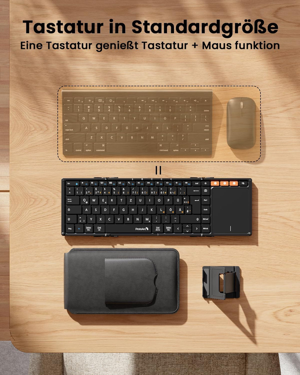 Set tastatura pliabila wireless touchpad QWERTZ si suport telefon cu geanta pentru transport