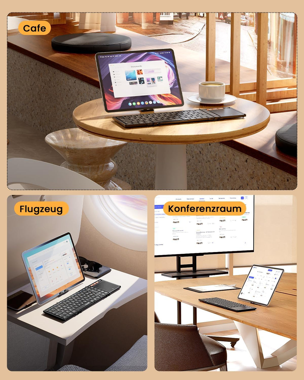 Set tastatura pliabila wireless touchpad QWERTZ si suport telefon cu geanta pentru transport