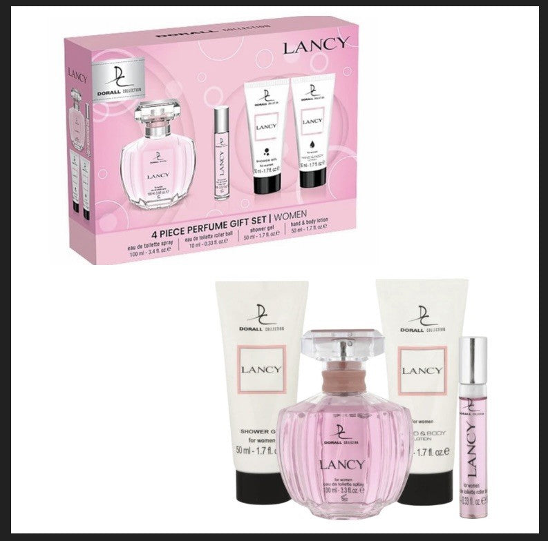 DORALL COLLECTION Lancy - Set cadou femei (parfumuri 100ml + 10ml, gel de duș 50ml, crema piele 50ml), 27x20x7cm