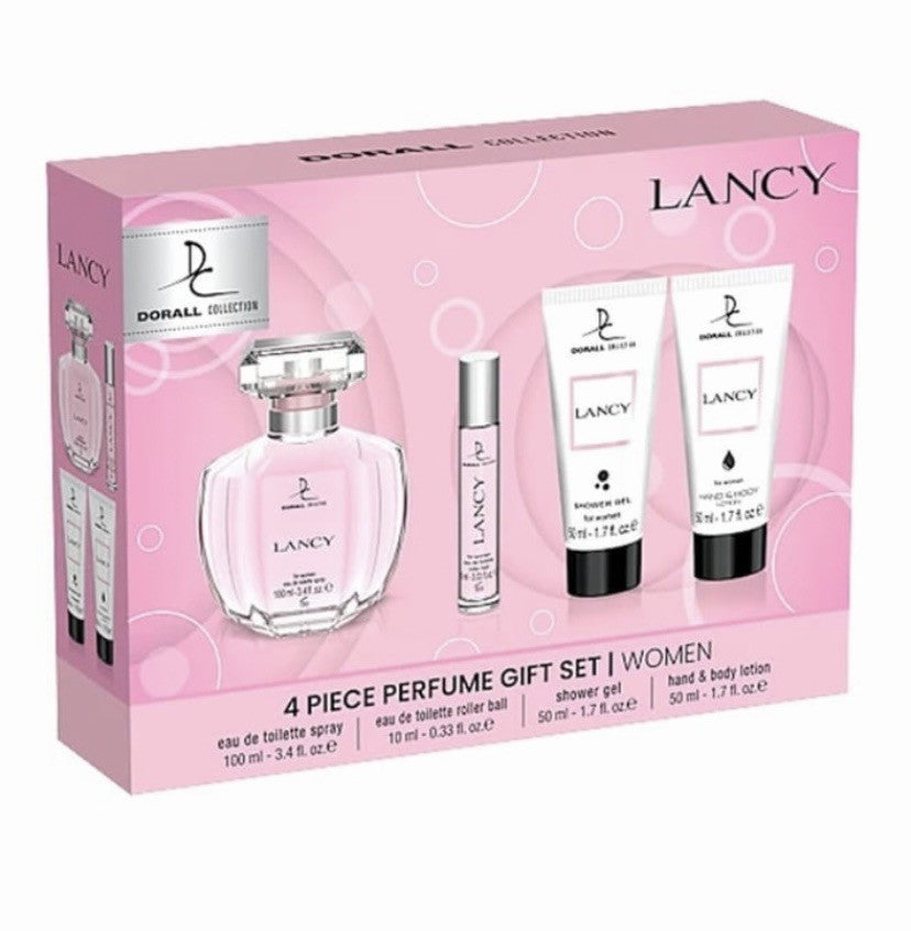 DORALL COLLECTION Lancy - Set cadou femei (parfumuri 100ml + 10ml, gel de duș 50ml, crema piele 50ml), 27x20x7cm