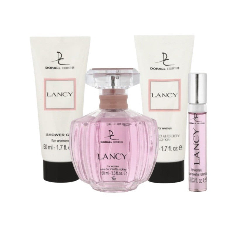 DORALL COLLECTION Lancy - Set cadou femei (parfumuri 100ml + 10ml, gel de duș 50ml, crema piele 50ml), 27x20x7cm