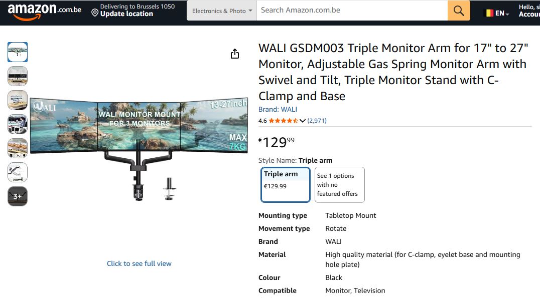 Suport monitor pentru 3 monitoare sau TV, Wali arc cu gaz, 17" - 27"